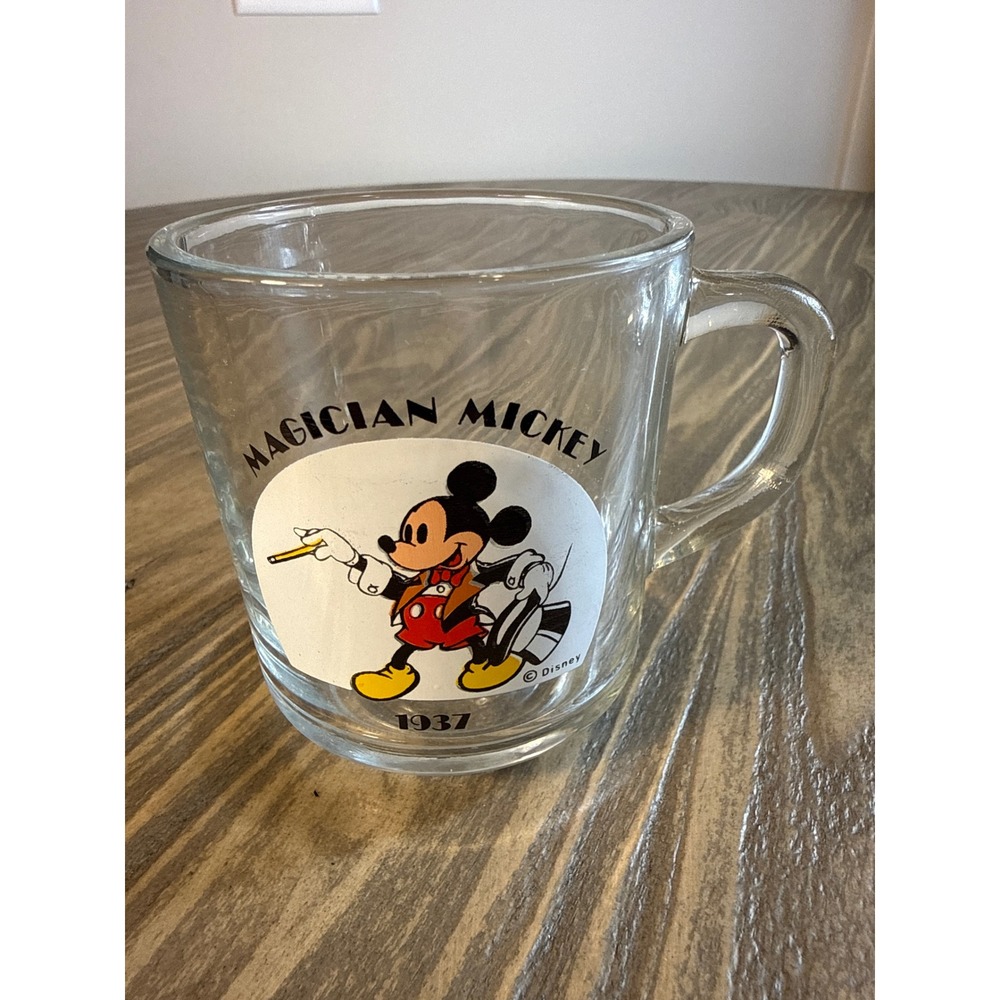 Vintage Disney Magician Mickey Mug Clear 1937 Collectible Glass Cup USA Made